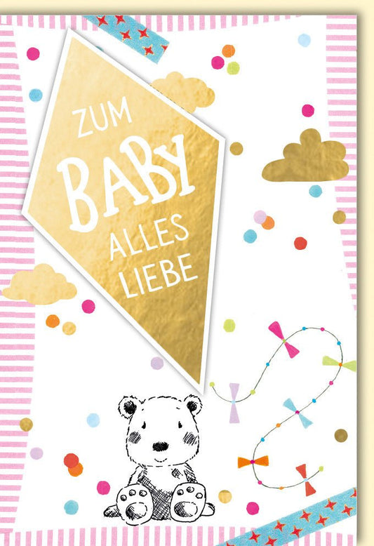 Glückwunschkarte zur Geburt - Süßes Bärchen mit Konfetti & Wolken, Perfekt für Babyshower & Neugeborene