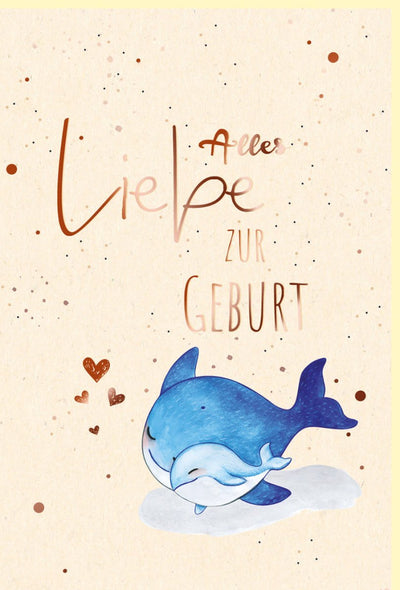 Glückwunschkarte zur Geburt - Wale & Herzchen Design, Zuckerrohrpapier, Roségoldfolie, Pastell Blau & Rosa für Eltern und Freunde