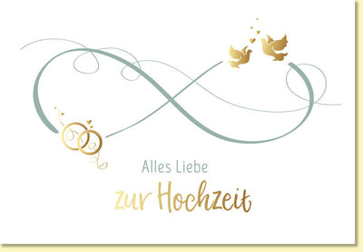 Glückwunschkarte zur Hochzeit mit goldenen Ringen und Tauben edles Design Doppelkarte für Hochzeitsglückwünsche stilvolle Hochzeitskarte