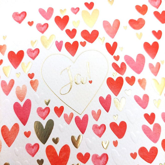 Glückwunschkarte zur Hochzeit mit goldenen und roten Herzen romantische Doppelkarte Ja Schriftzug edle Hochzeitskarte Liebe