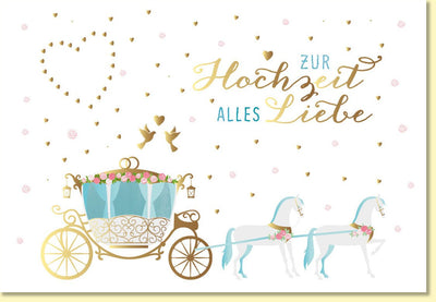 Glückwunschkarte zur Hochzeit mit Kutsche und Pferden romantische Hochzeitskarte mit Goldprägung und Herzmotiv für frisch Vermählte