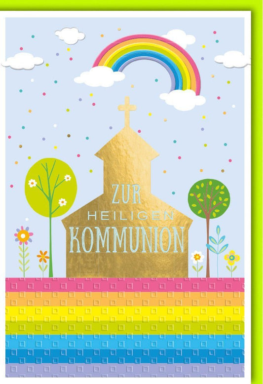 Glückwunschkarte zur Kommunion - Fröhliches Regenbogenmotiv mit Kirchenbild für Kinderfeier