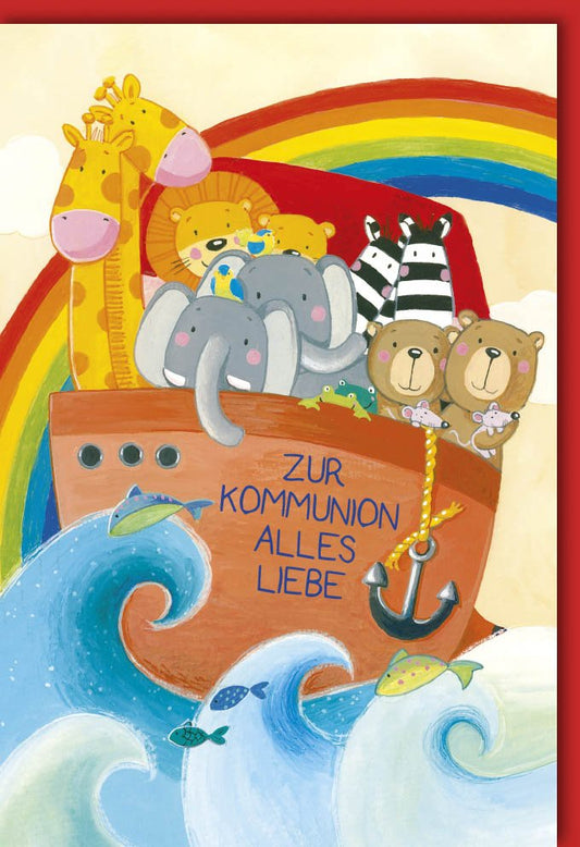 Glückwunschkarte zur Kommunion mit Arche Noah Motiv und Tieren bunte Regenbogen Doppelkarte für Kinder zur Erstkommunion