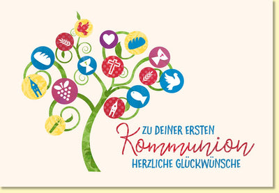 Glückwunschkarte zur Kommunion mit buntem Lebensbaum christlichen Symbolen und herzlichen Glückwünschen für die erste heilige Kommunion