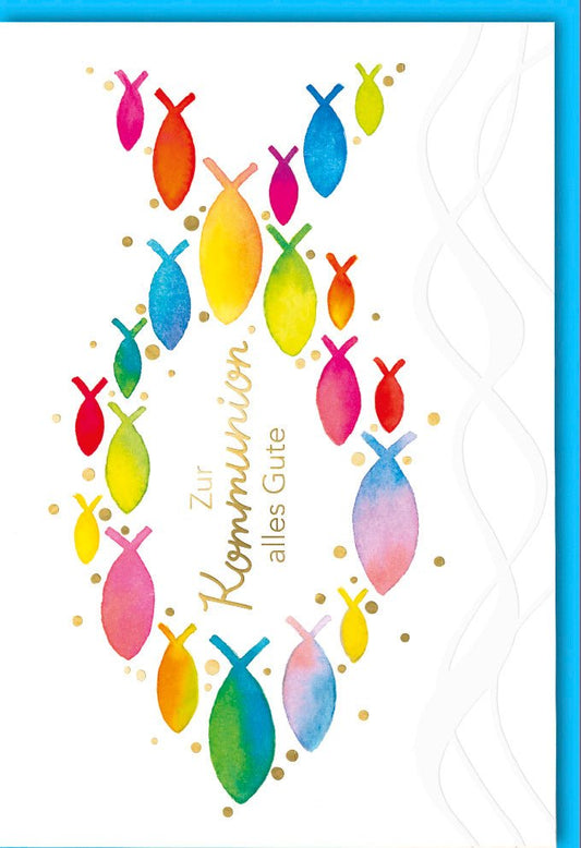 Glückwunschkarte zur Kommunion mit bunten Fischen und Goldprägung Doppelkarte für Kinder modernes Design religiöse Doppelkarte