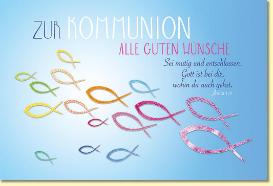 Glückwunschkarte zur Kommunion mit bunten Fischen und Segenswünschen christliche Doppelkarte für Kinder religiöse Karte