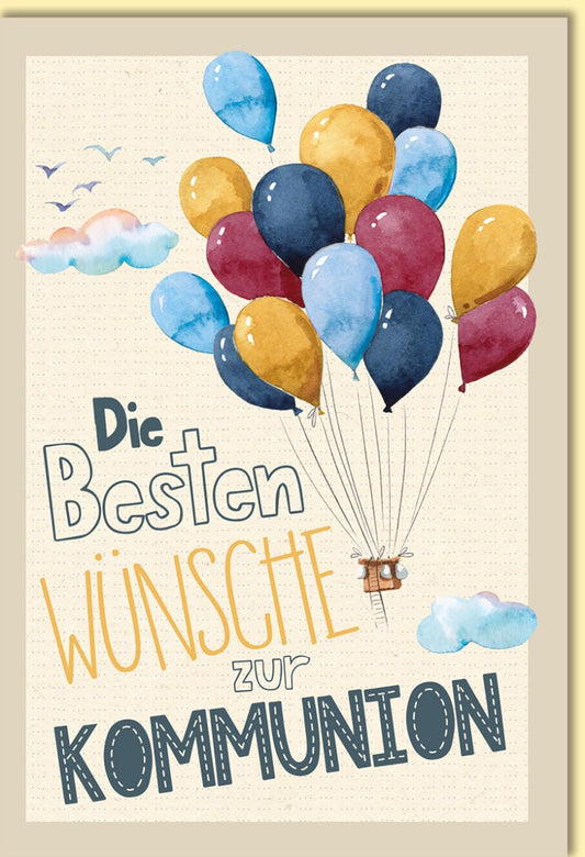 Glückwunschkarte zur Kommunion mit bunten Luftballons und Wolken liebevoll gestaltet für besondere Wünsche zur Erstkommunion