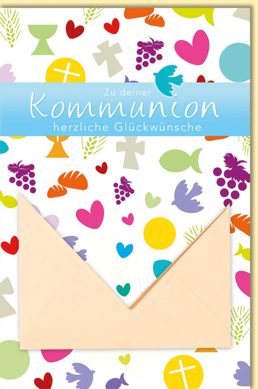Glückwunschkarte zur Kommunion mit christlichen Symbolen und bunten Motiven Taube Kreuz Kelch Herz modern feierlich