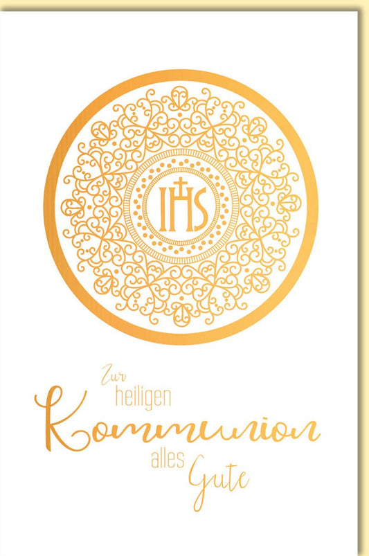 Glückwunschkarte zur Kommunion mit edlem goldenen Mandala christliches Motiv und Schriftzug alles Gute zur heiligen Kommunion