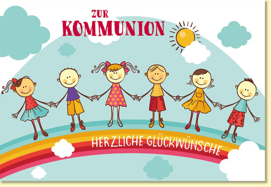 Glückwunschkarte zur Kommunion mit fröhlichen Kindern auf Regenbogen und Sonne bunte Doppelkarte für Kommunion Glückwünsche