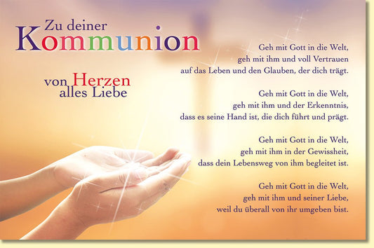 Glückwunschkarte zur Kommunion mit Segenswünschen und farbenfrohem Schriftzug Motiv offene Hände christliche Doppelkarte