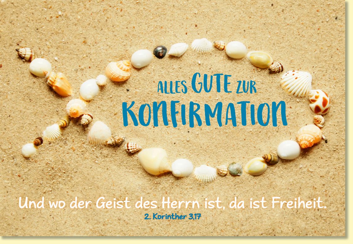 Glückwunschkarte zur Konfirmation Fischsymbol aus Muscheln auf Sand mit Bibelvers moderne christliche Doppelkarte für Konfirmanden