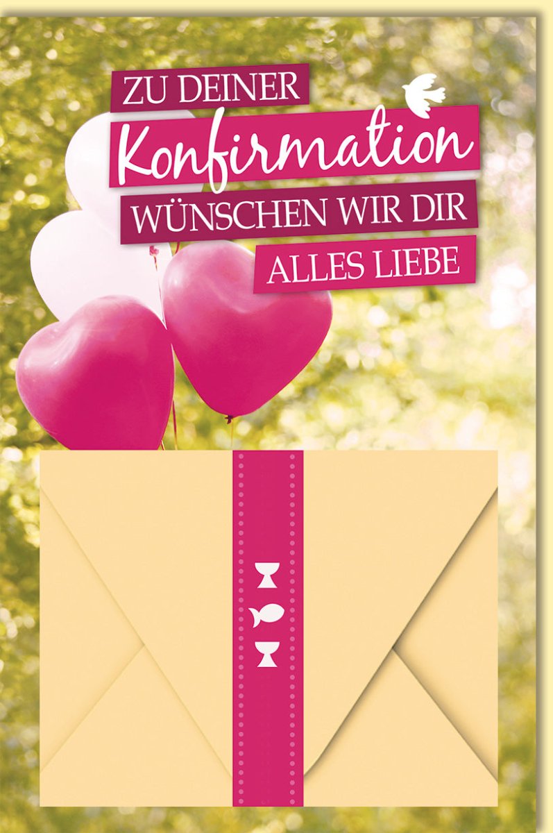 Glückwunschkarte zur Konfirmation mit Herzluftballons und Umschlag Alles Liebe religiöse Doppelkarte für Mädchen feierliche Konfirmationskarte