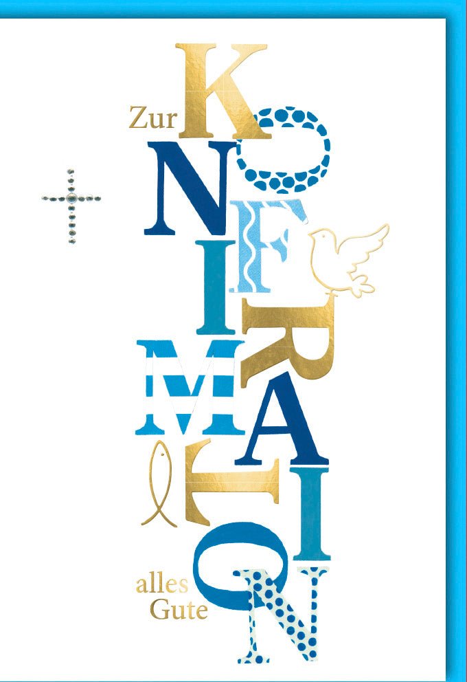 Glückwunschkarte zur Konfirmation mit Kreuz, Fischsymbol und Taube in Blau und Gold – stilvolle Doppelkarte alles Gute