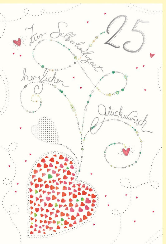 Glückwunschkarte zur Silberhochzeit – Herzdesign auf Naturkarton mit Silberfolie, Blindprägung für 25 Jahre Liebe, Romantisch in Rot & Weiß