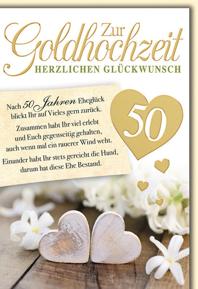 Goldene Hochzeitskarte – Holzherzen mit weißen Blüten und goldenen Akzenten