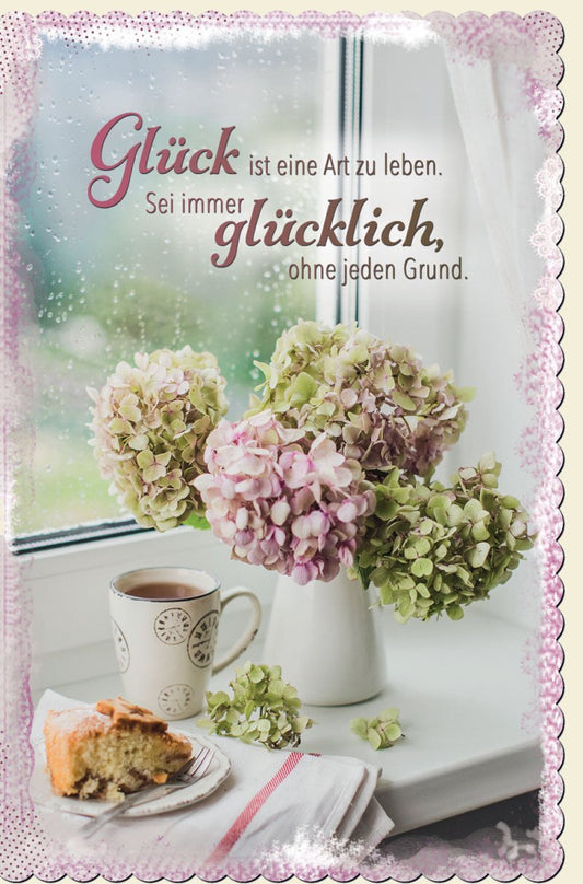 Grußkarte "Blumenfenster der Lebensfreude" - Positives Wohlfühlambiente mit Tasse, Kuchen & Hortensienmotiv