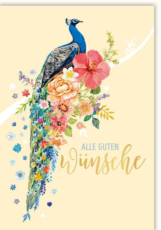 Grußkarte - Farbenfroher Pfau mit Blumen, Dekorativ für jeden Anlass, Hochwertige Papeterie
