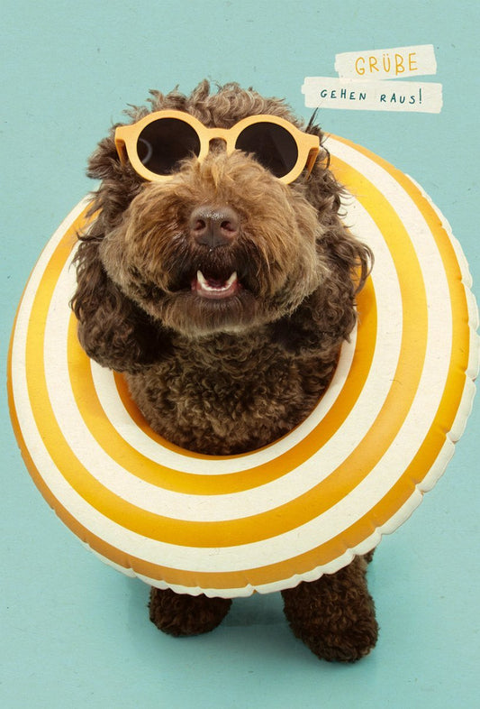 Grußkarte: Lustiger Hund mit Sonnenbrille und Schwimmreifen auf Zuckerrohrpapier