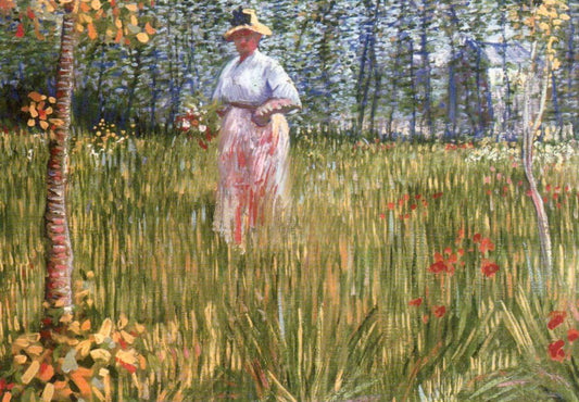 Grußkarte - Van Gogh Kunst "Frau im Garten 1887" | Impressionismus Landschaft | Vintage Sammlerstück Postkarte
