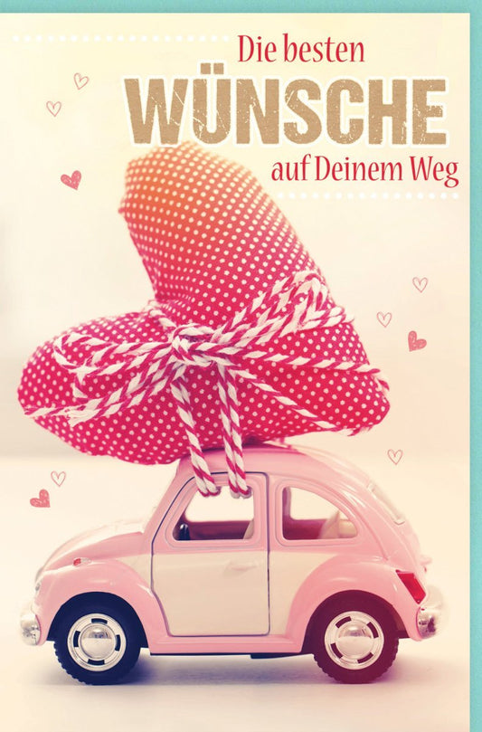 Grußkarte zur Hochzeit: "Fahrt ins Glück" - Retro Spielzeugauto mit Herzchen, Rot/Pink/Weiß, Liebevoller Wegbegleiter & Deko