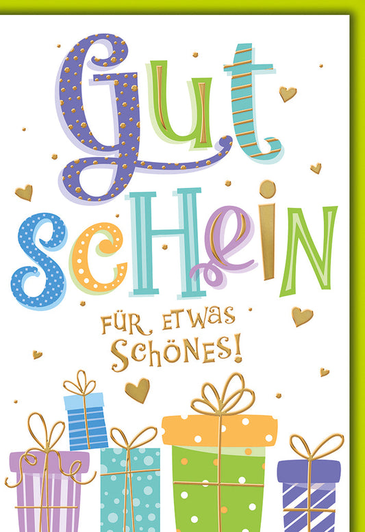 Gutscheinkarte Bunt – Verspielte Schrift mit Geschenken und Herzen in Pastellfarben
