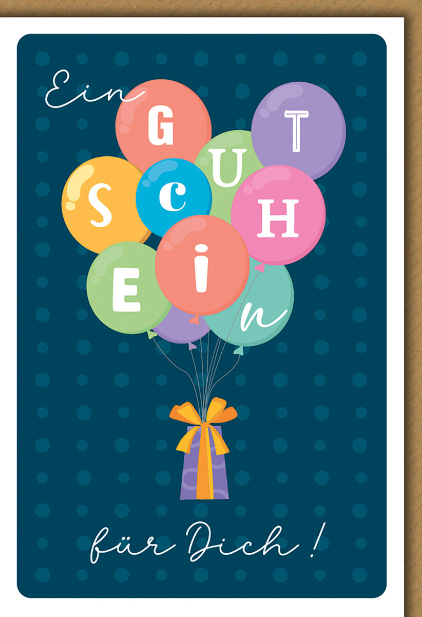 Gutscheinkarte Bunt – Luftballons mit Geschenkbox und fröhlichem Design