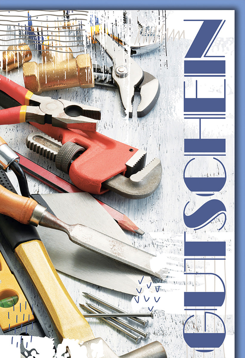 Gutscheinkarte Handwerker – Bunte Werkzeuge auf Holz mit modernem Design