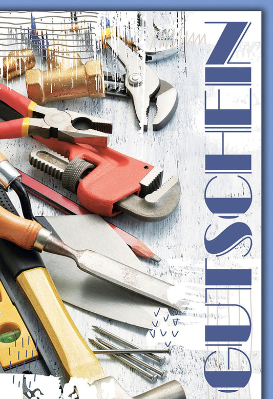 Gutscheinkarte Handwerker – Bunte Werkzeuge auf Holz mit modernem Design