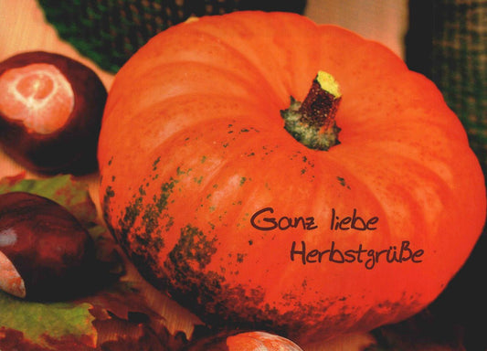 Herbstgrußkarte mit Kürbis und Kastanien liebevolle Postkarte für herbstliche Grüße stimmungsvolle Grußkarte Herbst Postkarte