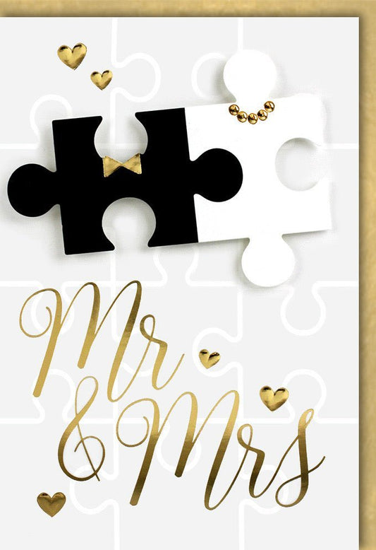 Hochzeitsglückwunsch "Puzzle of Love" - Stilvolle Karte für Mr & Mrs, Gold - Schwarz - Weiß mit Herzdesign