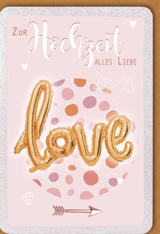 Hochzeitsglückwunschkarte - Elegantes Love - Motiv mit Herz & Pfeil, Roségoldene Akzente für das Brautpaar