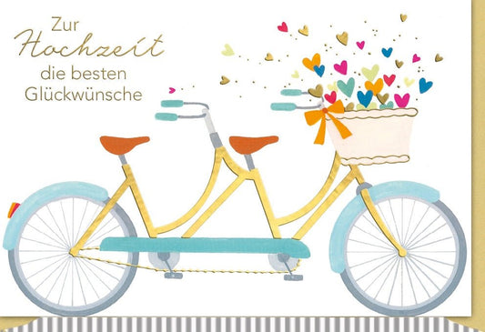 Hochzeitsglückwunschkarte "Liebesfahrt" – Romantische Fahrrad & Herzen Illustration von Verlag Dominique Galerie
