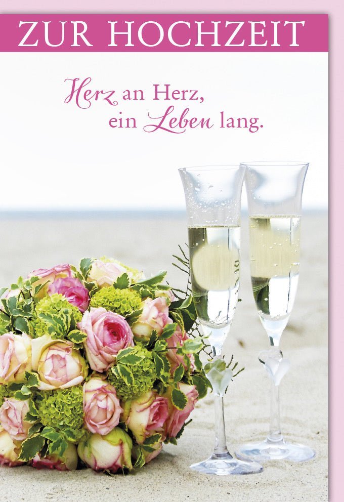 Hochzeitsglückwunschkarte "Romantik am Rosenstrand" – Elegante Karte mit Sektgläser - Motiv zur Hochzeit