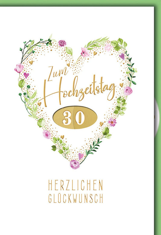 Hochzeitskarte 30 Jahre – Herz aus Blumenranken mit Goldakzenten und Zahlendetail