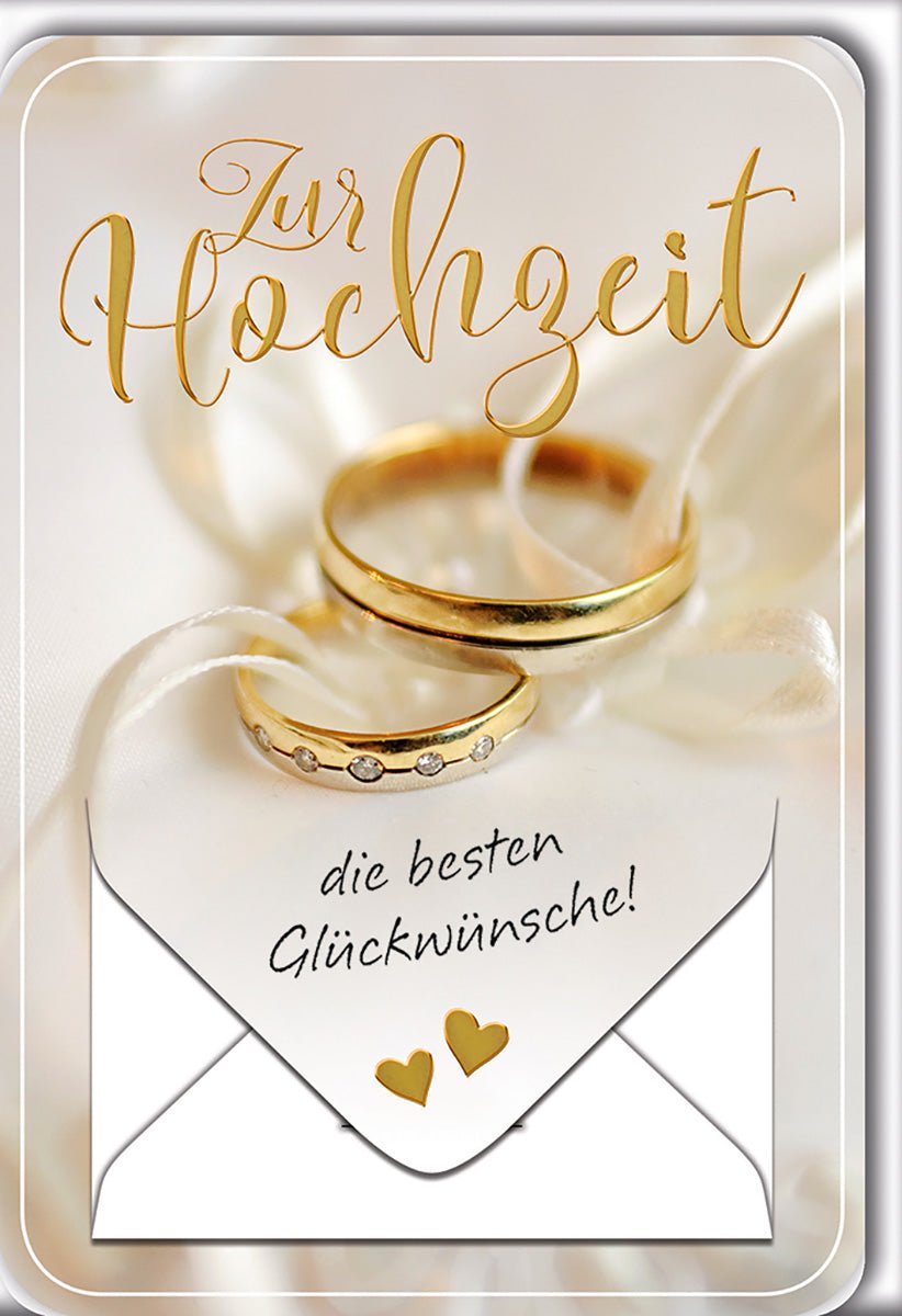 Hochzeitskarte Elegant – Goldene Ringe auf Umschlag mit Herz - Detail und Schleife