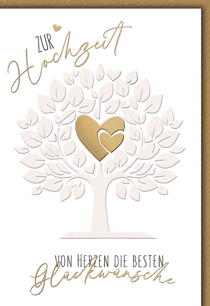 Hochzeitskarte Elegant – Goldenes Herz auf Baum mit filigranem 3D - Design