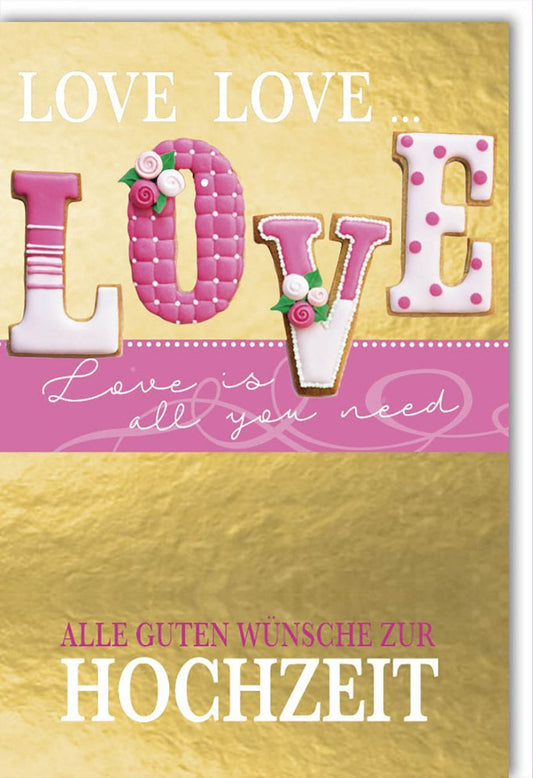 Hochzeitskarte - Elegante Glückwünsche mit Goldherzen & floralem Pinkdesign zur Feier der Liebe & Ehe, 210x297mm