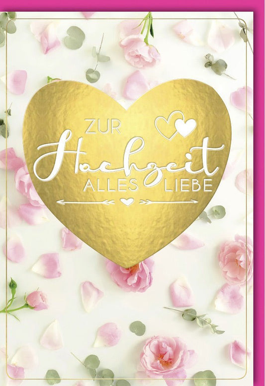 Hochzeitskarte - Elegante Glückwunschkarte mit Rosa/Gold Herzen & Blumen für Verlobung, Jubiläum & Ehefeierlichkeiten