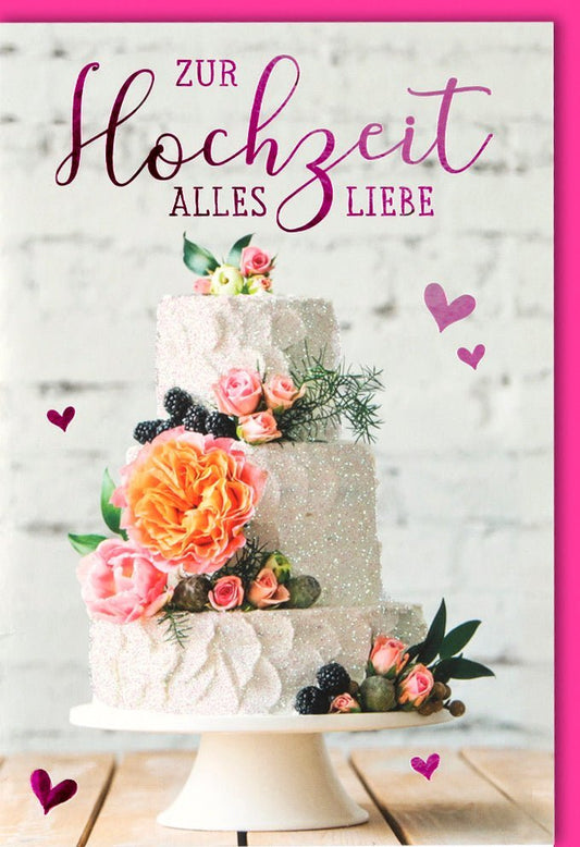 Hochzeitskarte - Elegante Glückwunschkarte zur Eheschließung mit Tortendesign und Blumenherzen