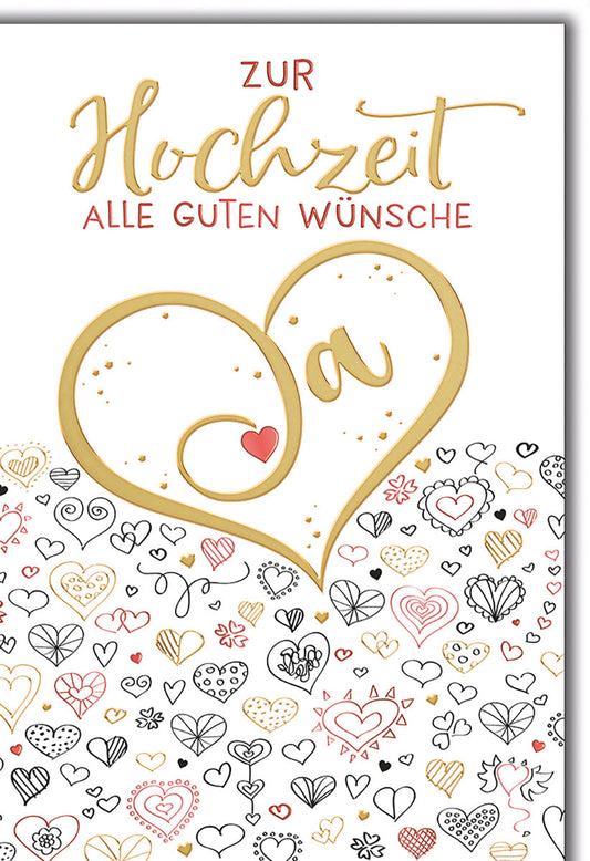 Hochzeitskarte Glückwünsche – Goldenes Herz mit verspielten Herzmustern und Rotakzenten