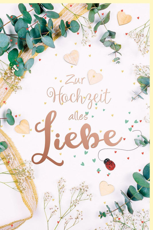 Hochzeitskarte Eukalyptus & Roségold Herz - Elegante Glückwünsche mit Marienkäfer, Grüntönen & Goldakzenten für Paare, Freunde & Familie