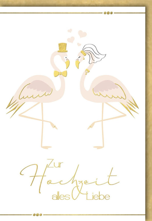 Hochzeitskarte "Flamingo Liebe": Romantische Glückwunschkarte mit Goldakzenten & Brautpaar - Design