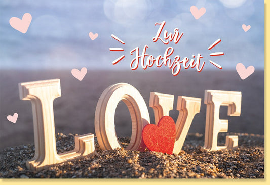 Hochzeitskarte für Brautpaare - Stilvolle Karte mit Herz - und Romantikmotiven in Beige & Rosa für Verlobung oder Valentinstag