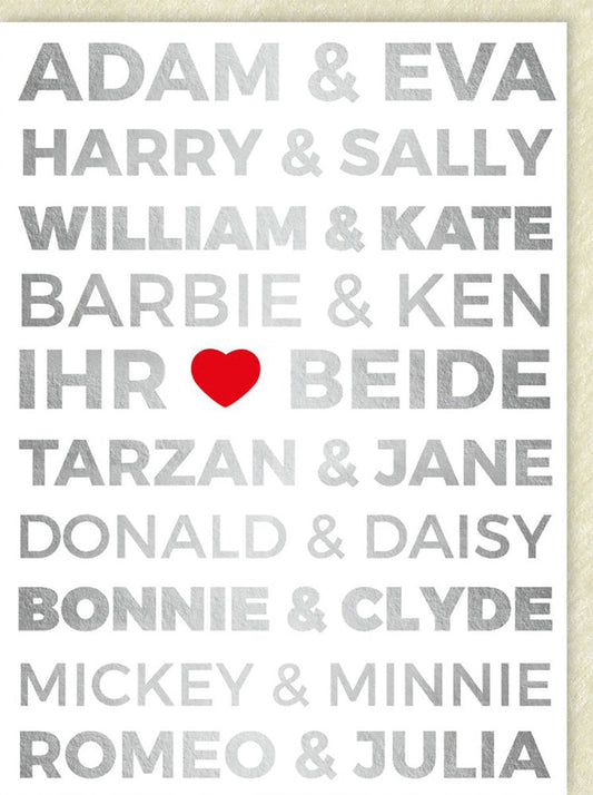 Hochzeitskarte für Paare - Berühmte Duos: Adam & Eva, Harry & Sally, Barbie & Ken, Tarzan & Jane, Bonnie & Clyde, Mickey & Minnie, Romeo & Julia