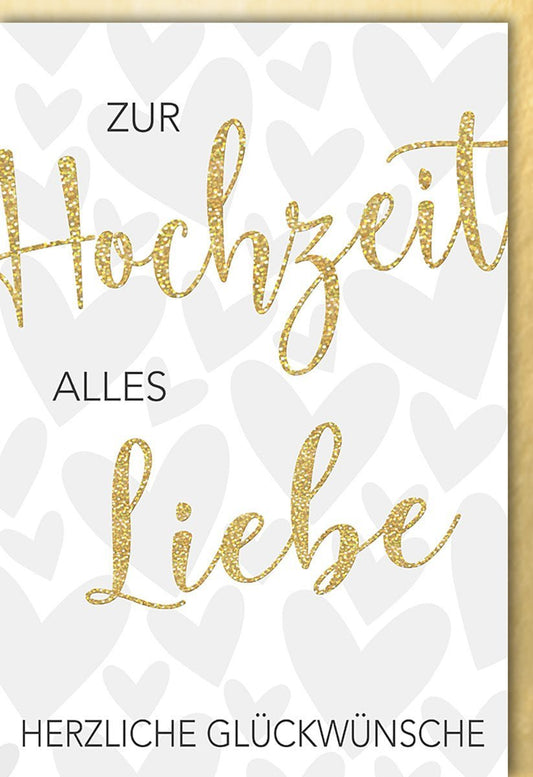 Hochzeitskarte Herzliche Glückwünsche mit goldener Schrift und Herzen zur Hochzeit alles Liebe