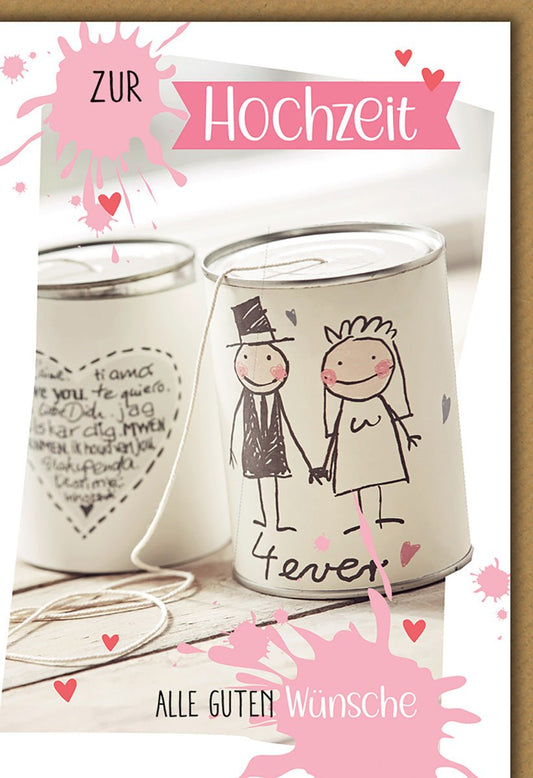 Hochzeitskarte Humorvoll – Dosen - Telefon mit niedlichen Zeichnungen und Herz - Details