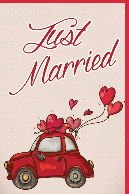 Hochzeitskarte "Just Married" - Retro Auto & Herzen, Charmante Glückwünsche zur Hochzeit, Vintage Brautpaar Feierkarte