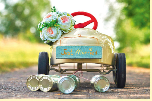 Hochzeitskarte "Just Married" - Vintage Auto & Blumen, Retro Glückwünsche zur Feier