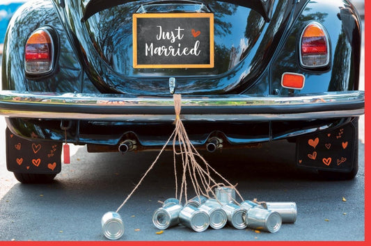 Hochzeitskarte "Just Married" - Vintage Auto & Dosen, Herzliche Glückwünsche im Retro - Stil für das Brautpaar